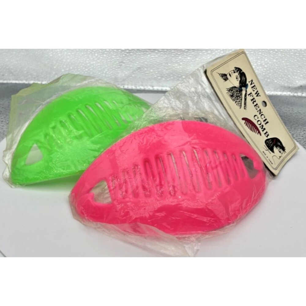 Vintage 80s Taiwan 2 Hair Clinchers French Combs Banana Clips Neon Pink Green